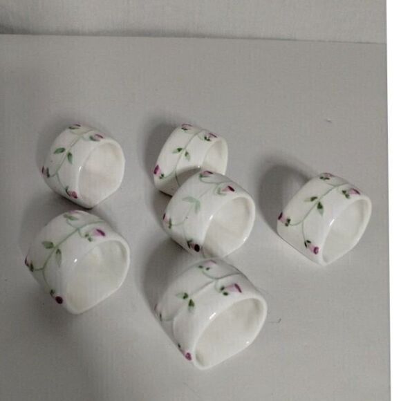 Vintage Floral Ceramic Napkin Rings Set of 6 - White with Pink Rose Pattern - Picture 3 of 9